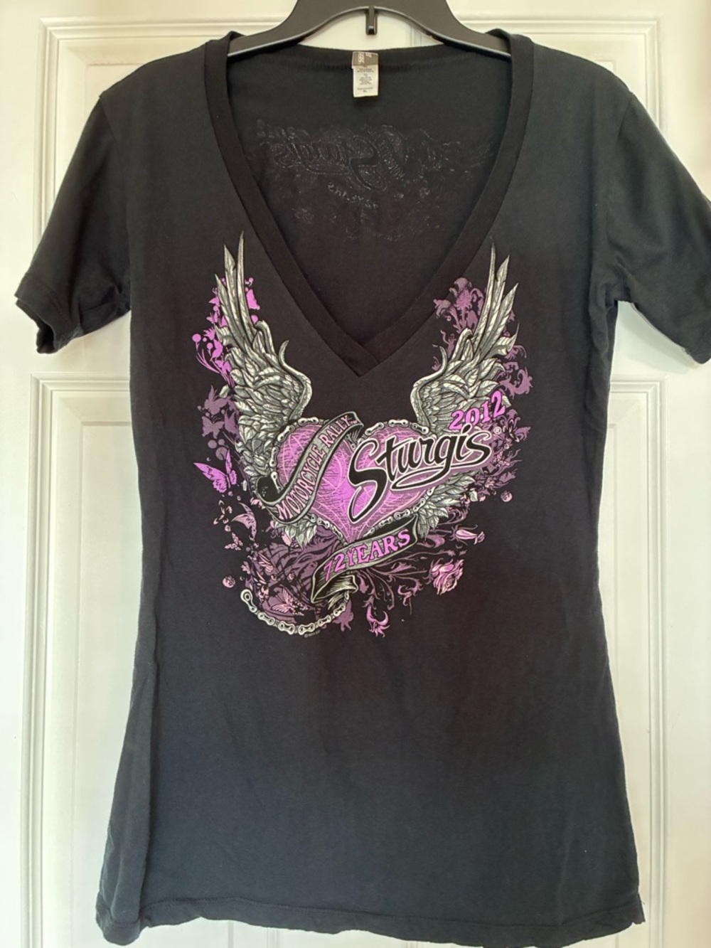 feathers Black V-Neck Tee with Purple and Silver Wing Graphic